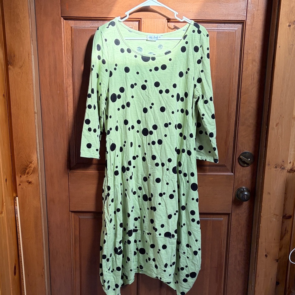 Prairie Cotton Made in the USA Green Polka Dot Midi Dress with Scoop Neck Size M